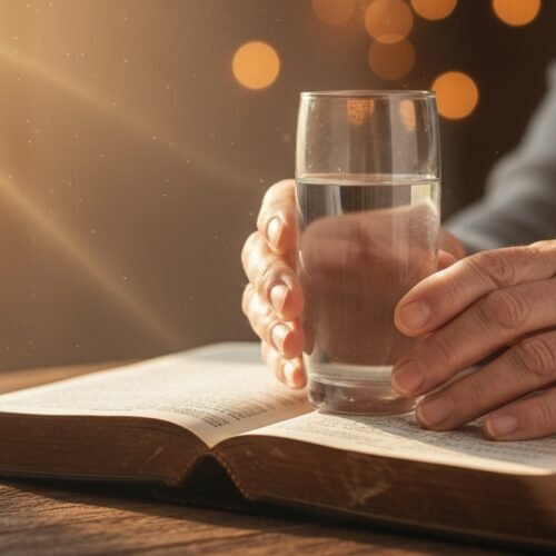 Close-up of a person holding a glass of water over an open Bible, symbolizing spiritual refreshment and faith.