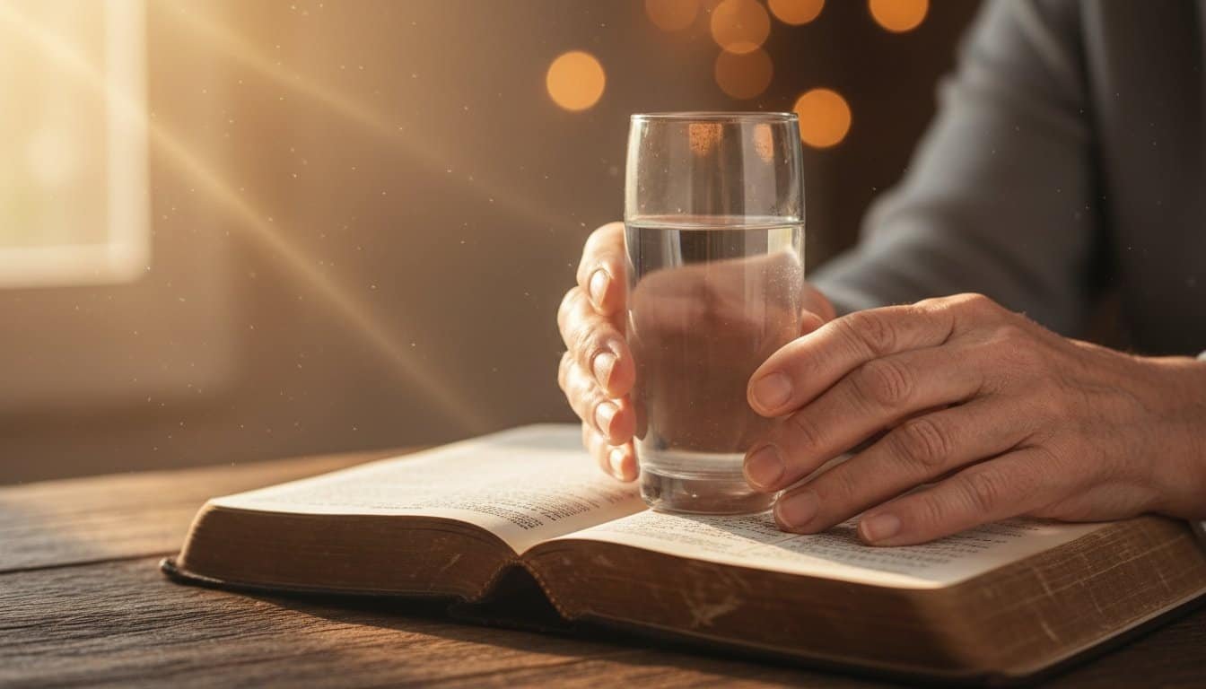 Biblical Water Fast Guide — What It Is and How to Do It Biblically My Bible Song 2026 Close-up of a person holding a glass of water over an open Bible, symbolizing spiritual refreshment and faith.