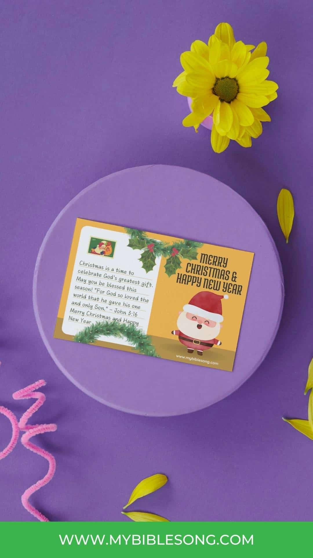 Cheerful Christmas card with Santa Claus illustration and biblical holiday message on purple background, perfect for Christian holiday celebrations and Bible-themed Christmas greetings.