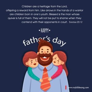 Father’s day cartoon illustration with a happy dad and two children hugging, celebrating faith and family love, perfect for religious Father's Day greetings and Christian family inspiration.