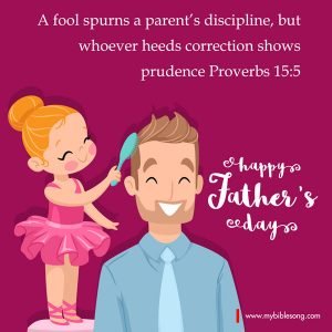 A young girl brushing her father's hair with a smile, celebrating Father's Day, with a heartfelt biblical quote about discipline and correction, on a vibrant purple background.