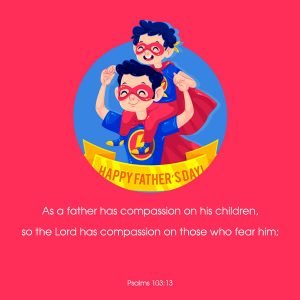 Father and son cartoon superheroes celebrating Father's Day, with a "Happy Father's Day" banner, symbolizing love, care, and faith in God.